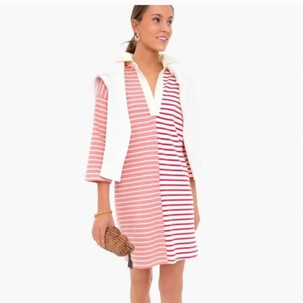 TUCKERNUCK Red Contrast Stripe Ashton Knit Dress Med. collared long sleeve polo